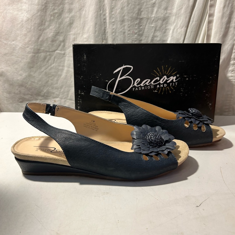 Beacon navy leather comfort sandals elastic stretch heel peep toes various sizes